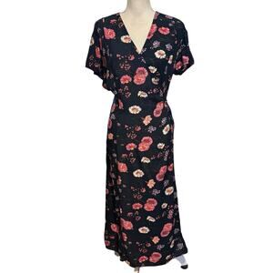 Vintage Sostanza Size XL Floral Print Wrap Midi Dress Navy Blue